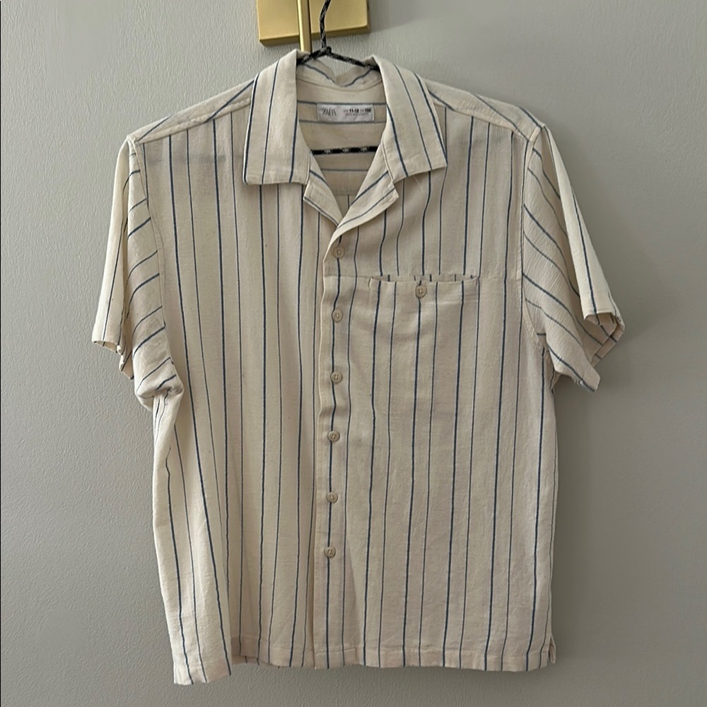 Zara Cream and Blue Linen Button Down Shirt Youth 11/12